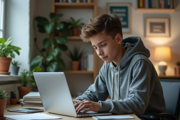Jeune garçon en hoodie étudiant à son bureau à la maison