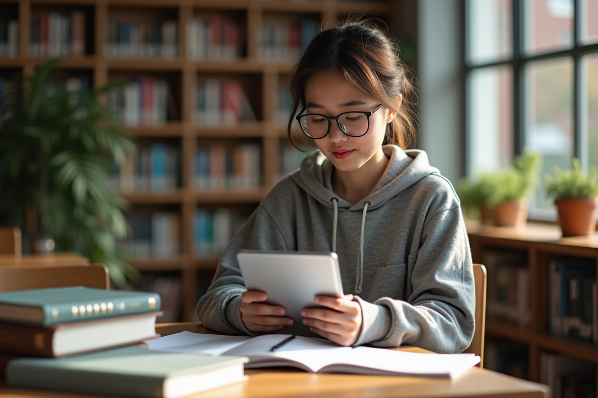 Jeune femme lisant sur sa tablette dans une bibliothèque lumineuse