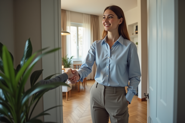 Jeune femme souriante serre la main d'un propriétaire devant un appartement moderne