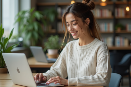 Jeune femme en coworking utilisant un ordinateur portable