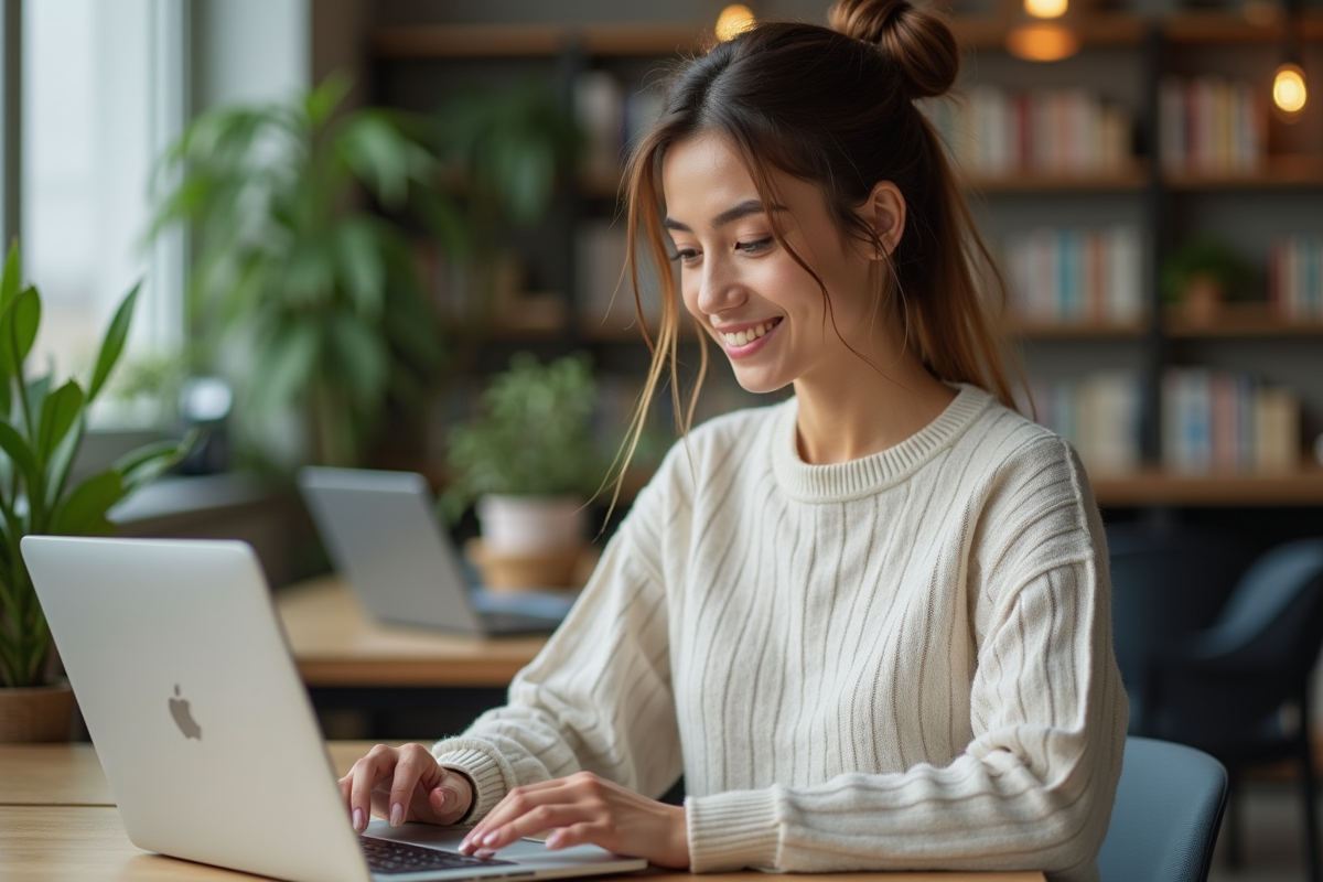 Jeune femme en coworking utilisant un ordinateur portable