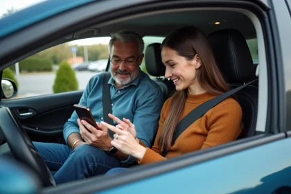 Deux personnes souriantes discutent d'une application de covoiturage dans une voiture