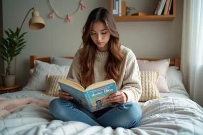 Jeune femme lisant un manga dans sa chambre cosy