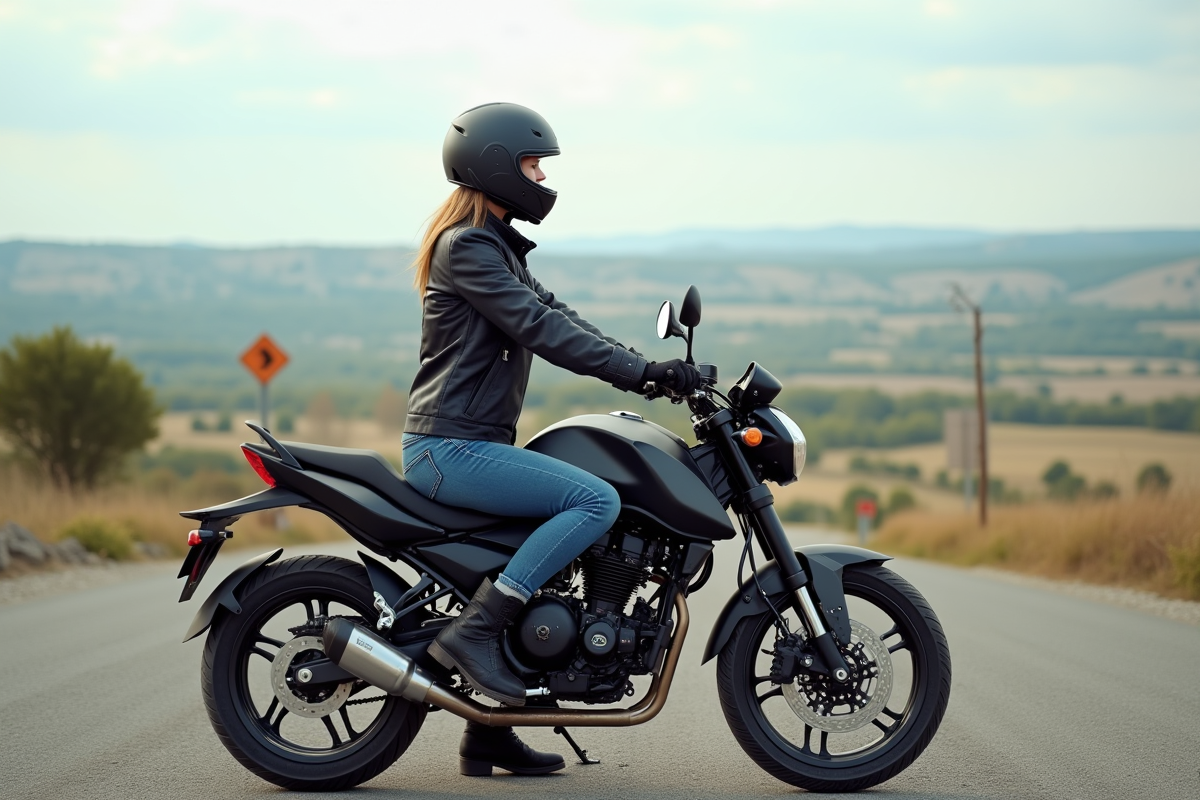 Jeune femme en équipement de moto dans un paysage rural
