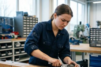 Jeune femme en combinaison de mécanicien répare un moteur