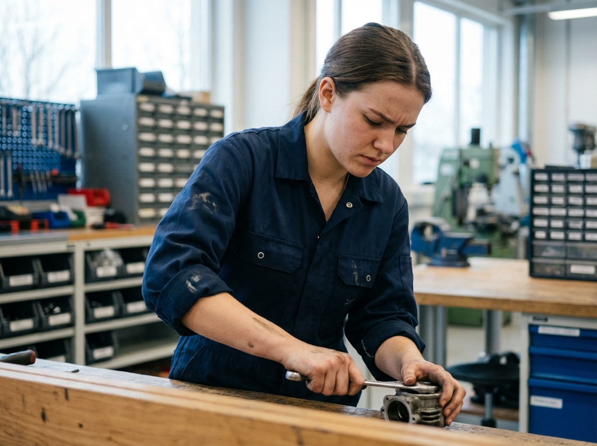 Jeune femme en combinaison de mécanicien répare un moteur