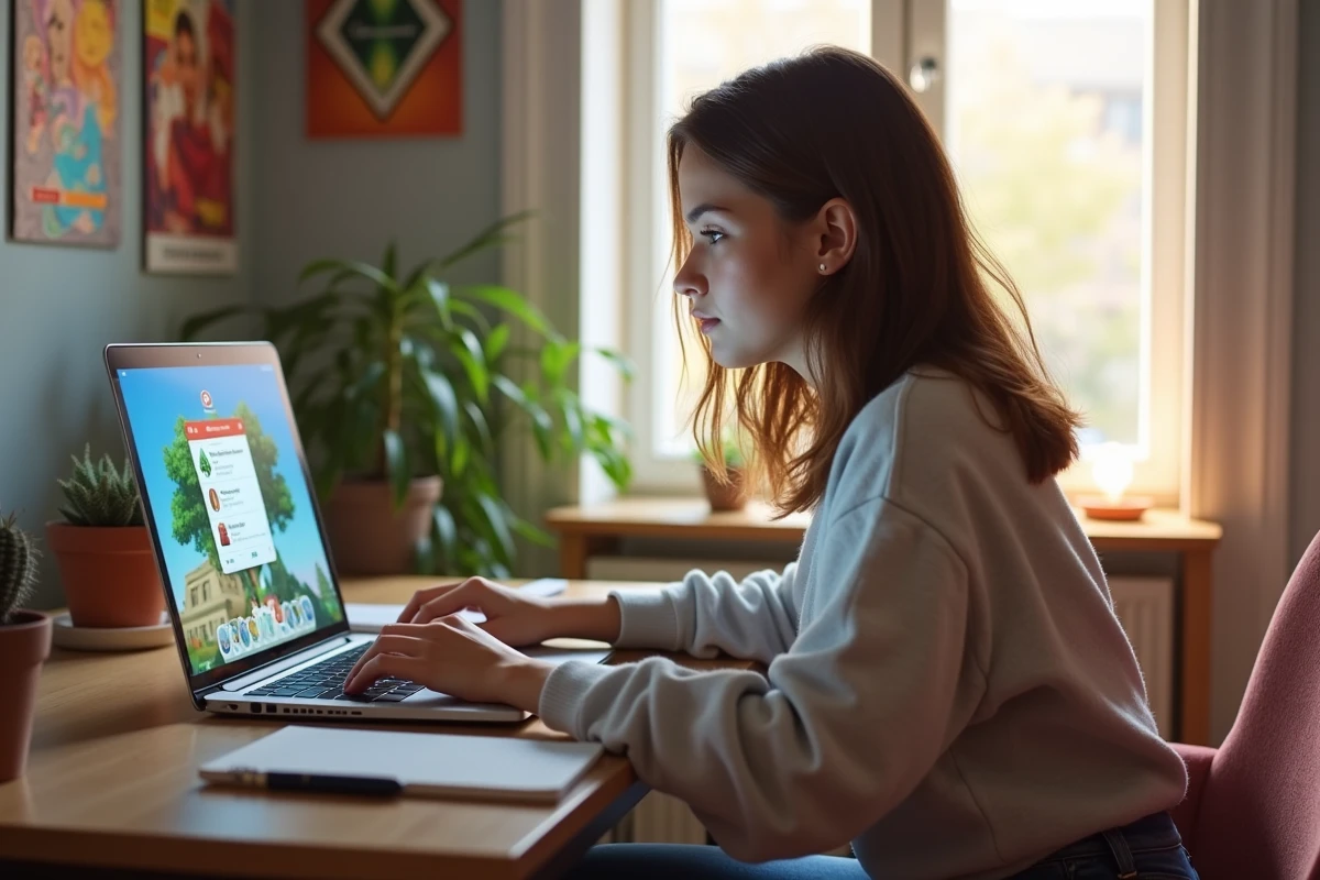 Jeune femme jouant à The Sims 4 sur ordinateur dans sa chambre