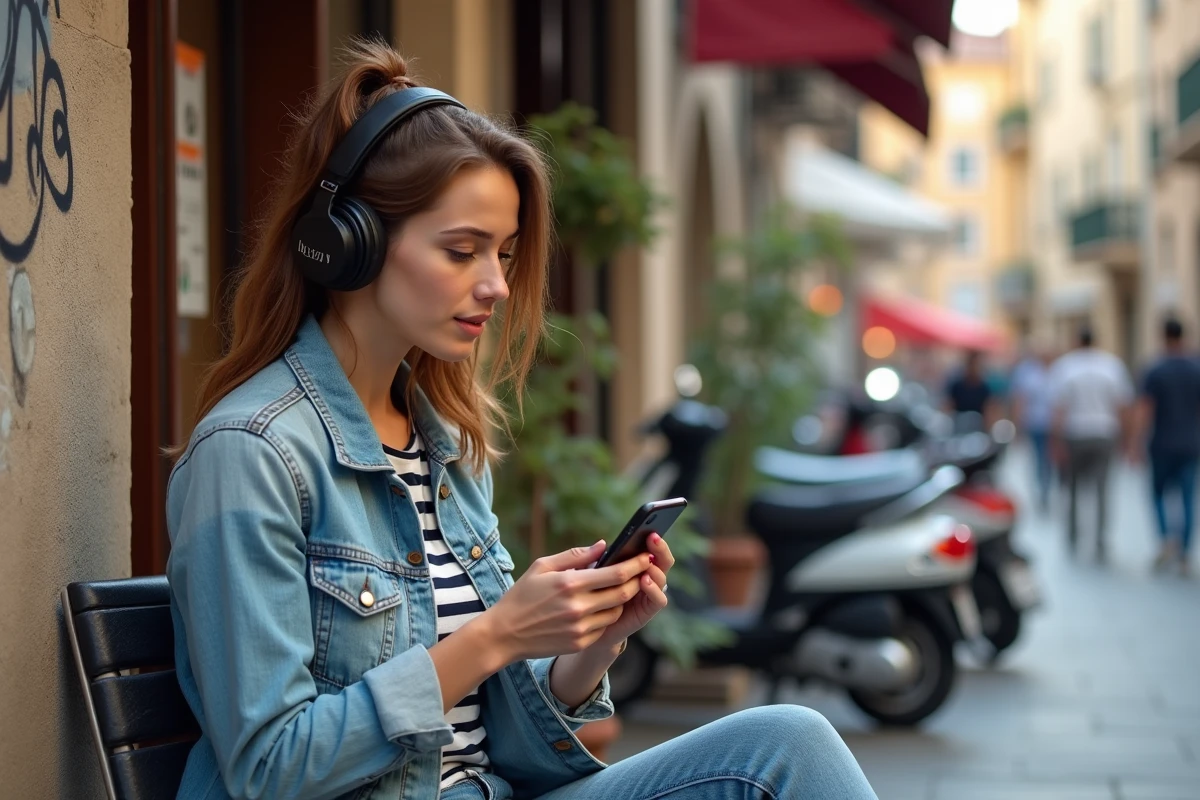 Jeune femme écoutant radio en extérieur à Mille