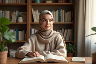 Jeune femme lisant Surat Al Mulk dans un cadre cosy