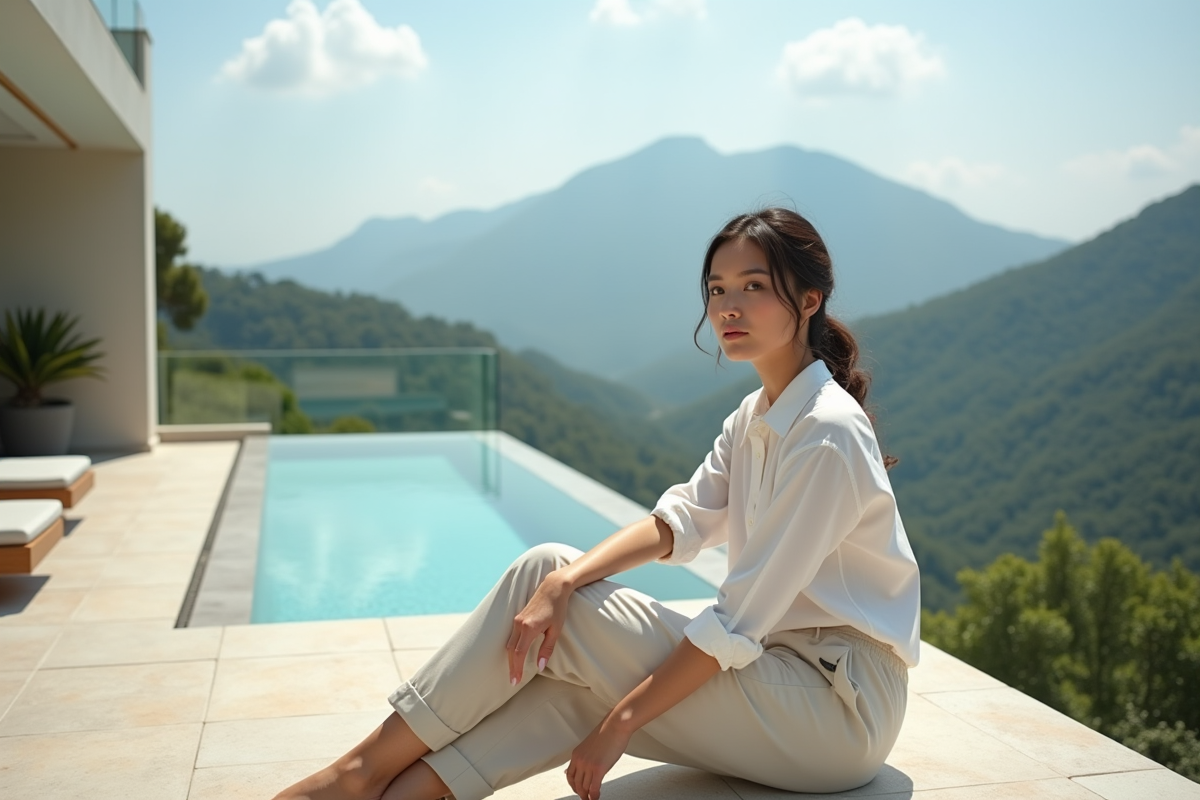 Jeune femme en terrasse avec vue sur piscine et montagnes