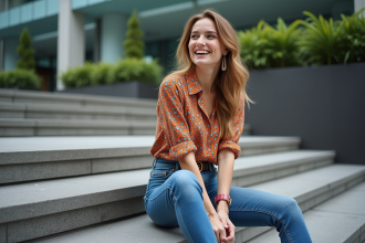 Jeune femme souriante en ville avec vêtements colorés