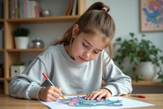 Jeune fille coloriant un dessin de Dracaufeu dans sa chambre