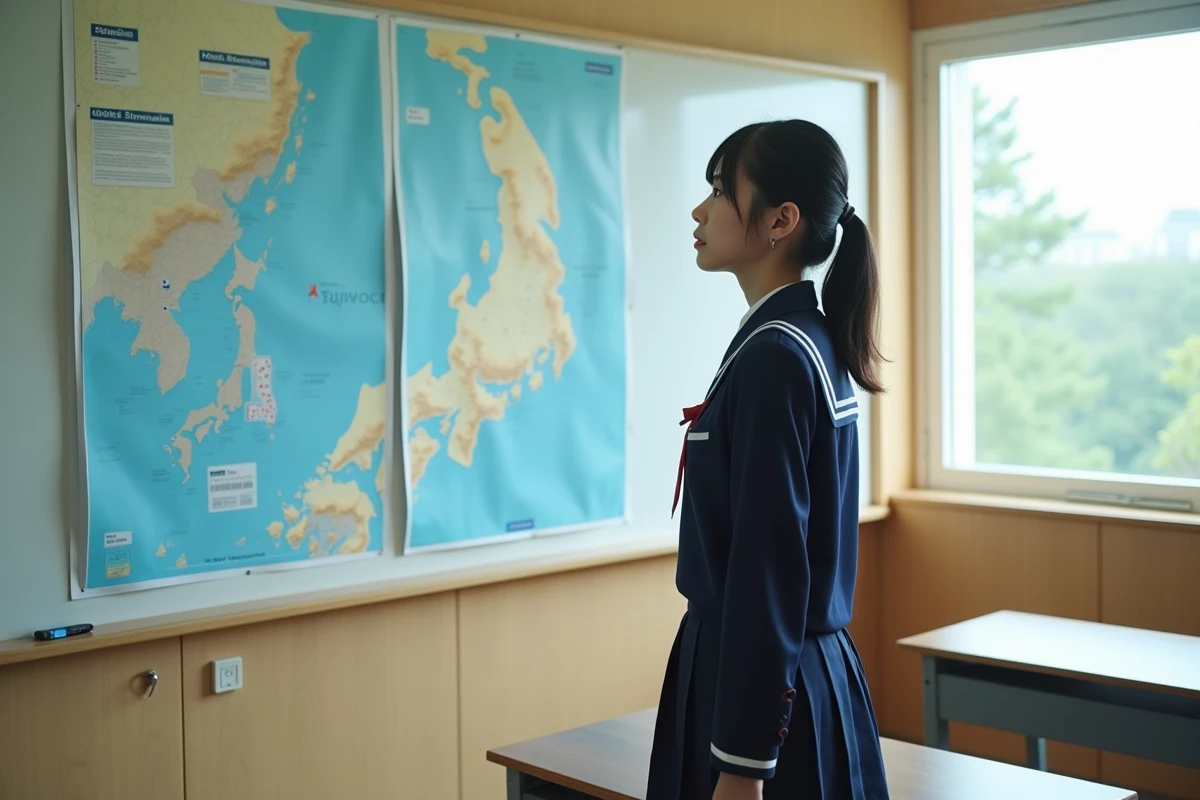 Jeune lycéenne japonaise regardant des cartes sur le tsunami de 2026