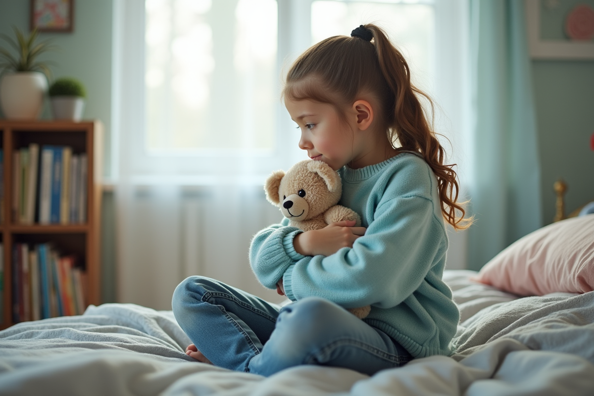 Jeune fille de 10 ans dans sa chambre contemplant la fenêtre