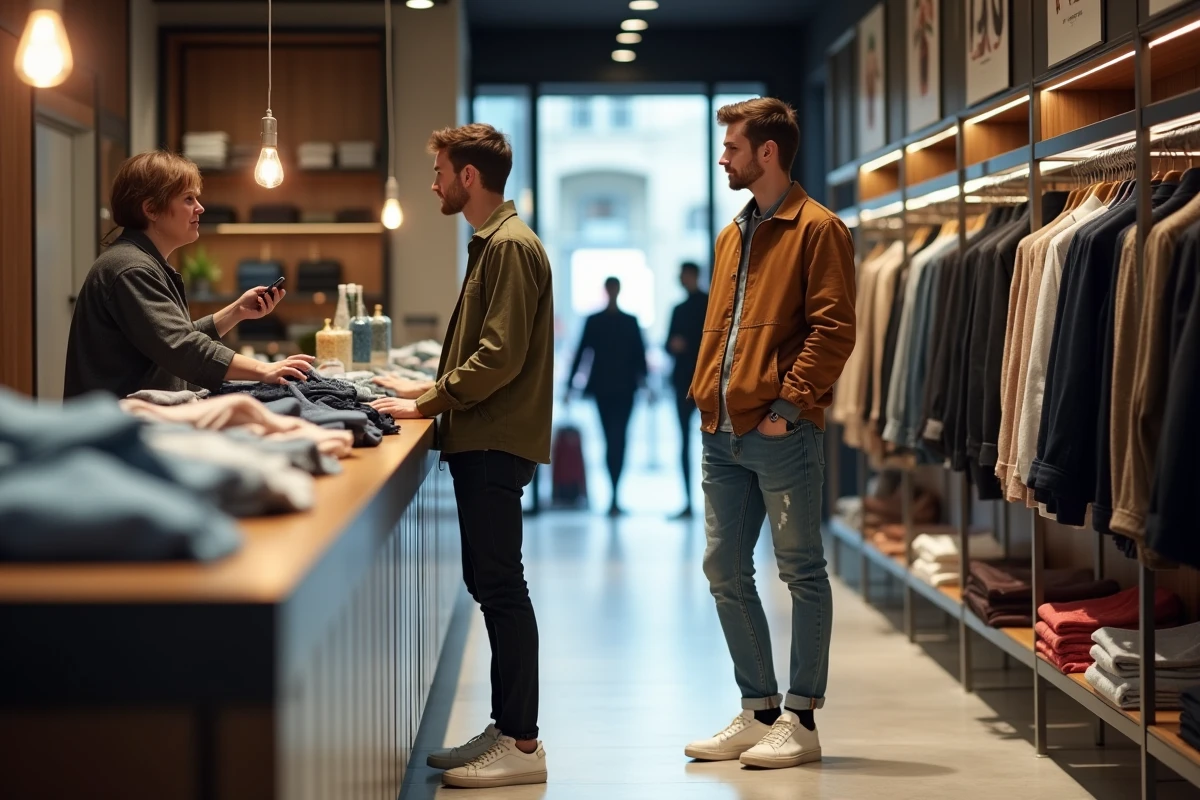 Jeune homme en denim discute avec vendeuse boutique