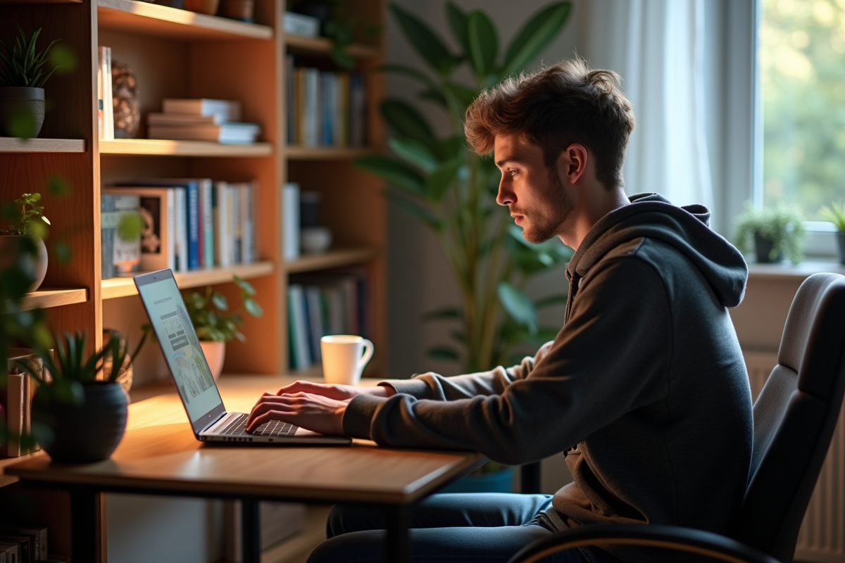 Jeune homme jouant sur un ordinateur portable gaming dans un appartement cosy