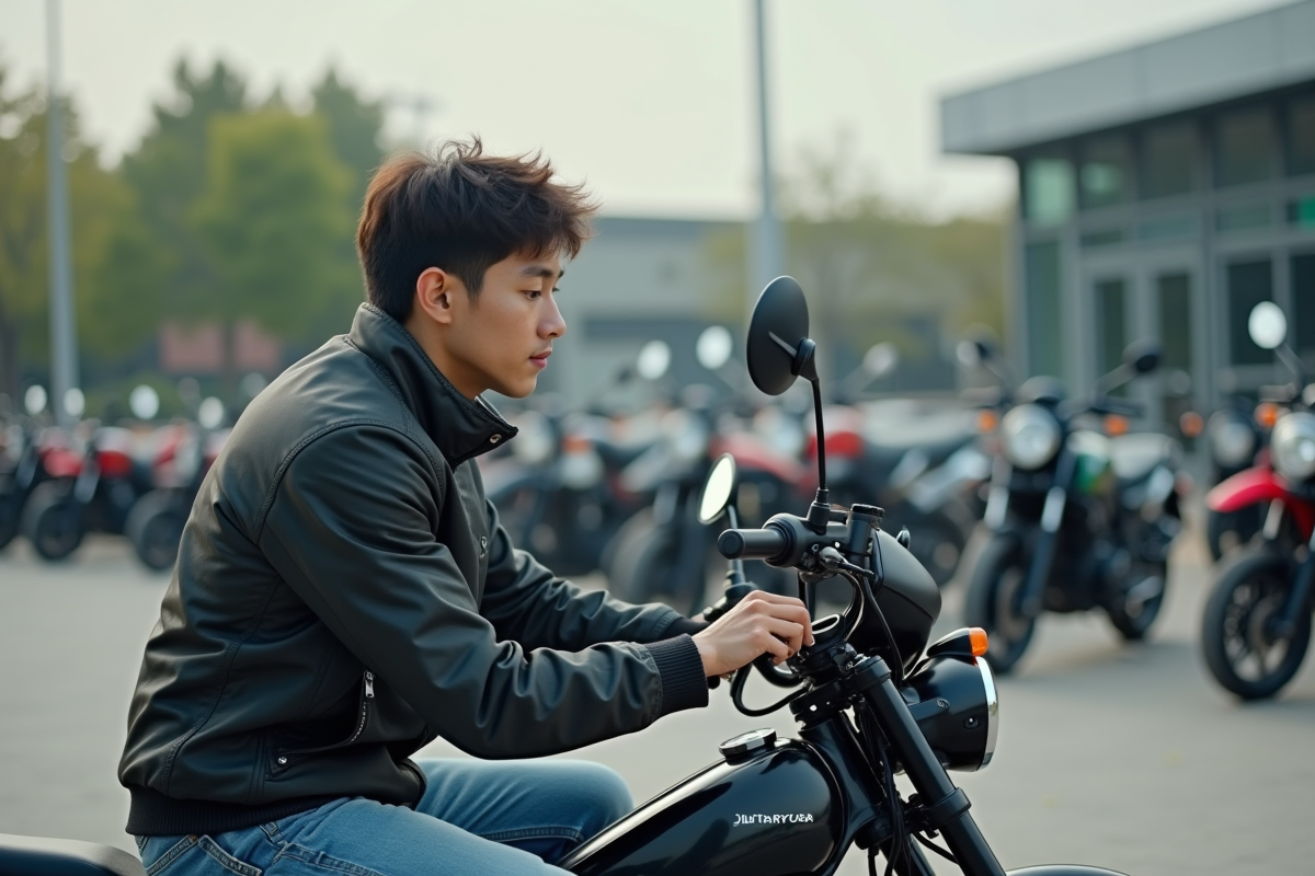 Jeune homme examinant une moto 125cc neuve à un concessionnaire