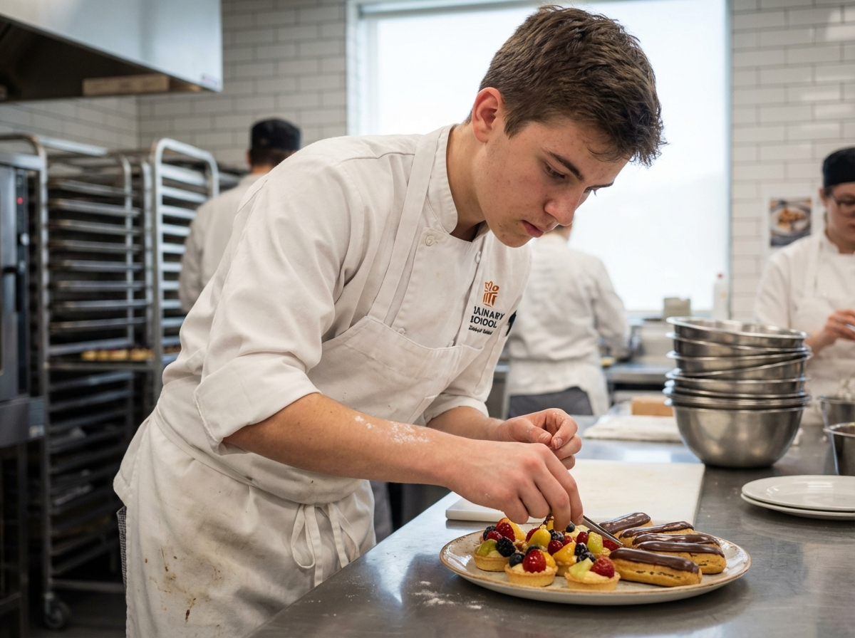 Jeune homme en uniforme de chef prépare des pâtisseries