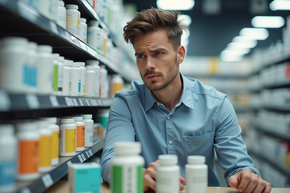 Jeune homme regardant des compléments alimentaires