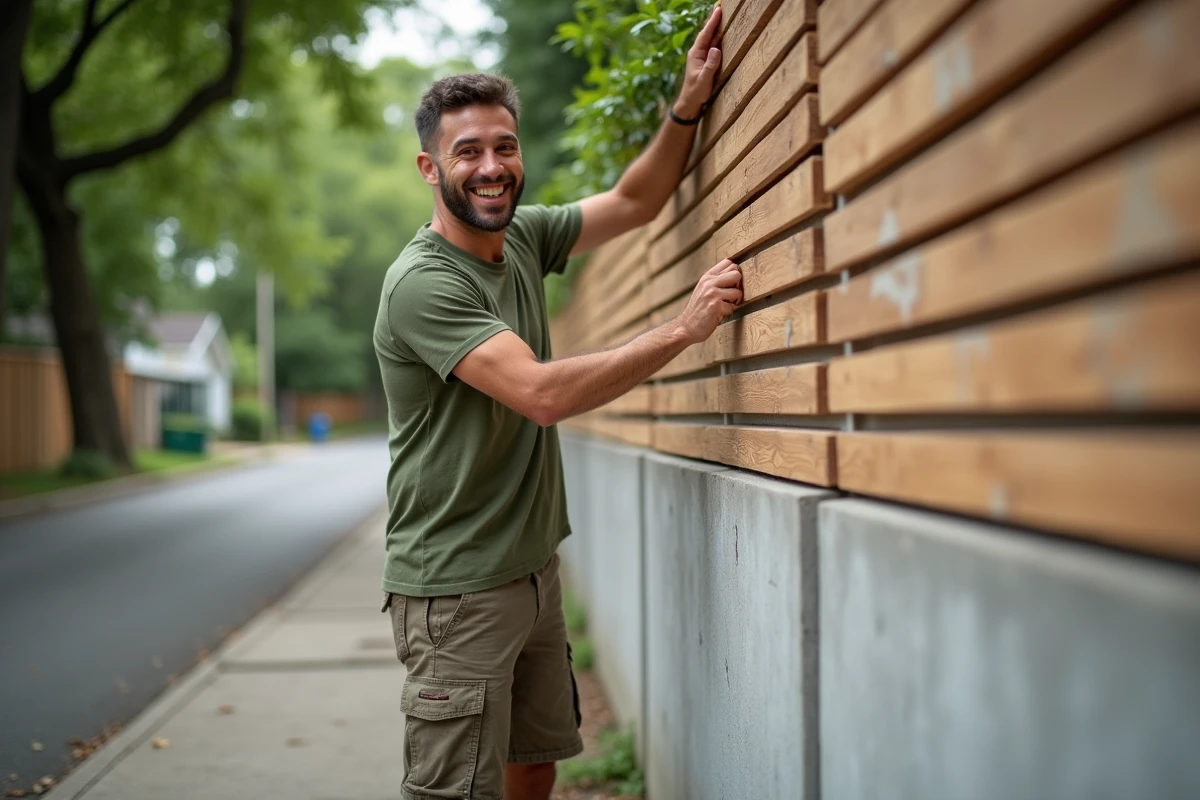 Jeune homme fixant des lames de bois sur un mur extérieur