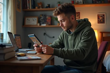 Jeune homme concentré jouant à Clash of Clans dans sa chambre