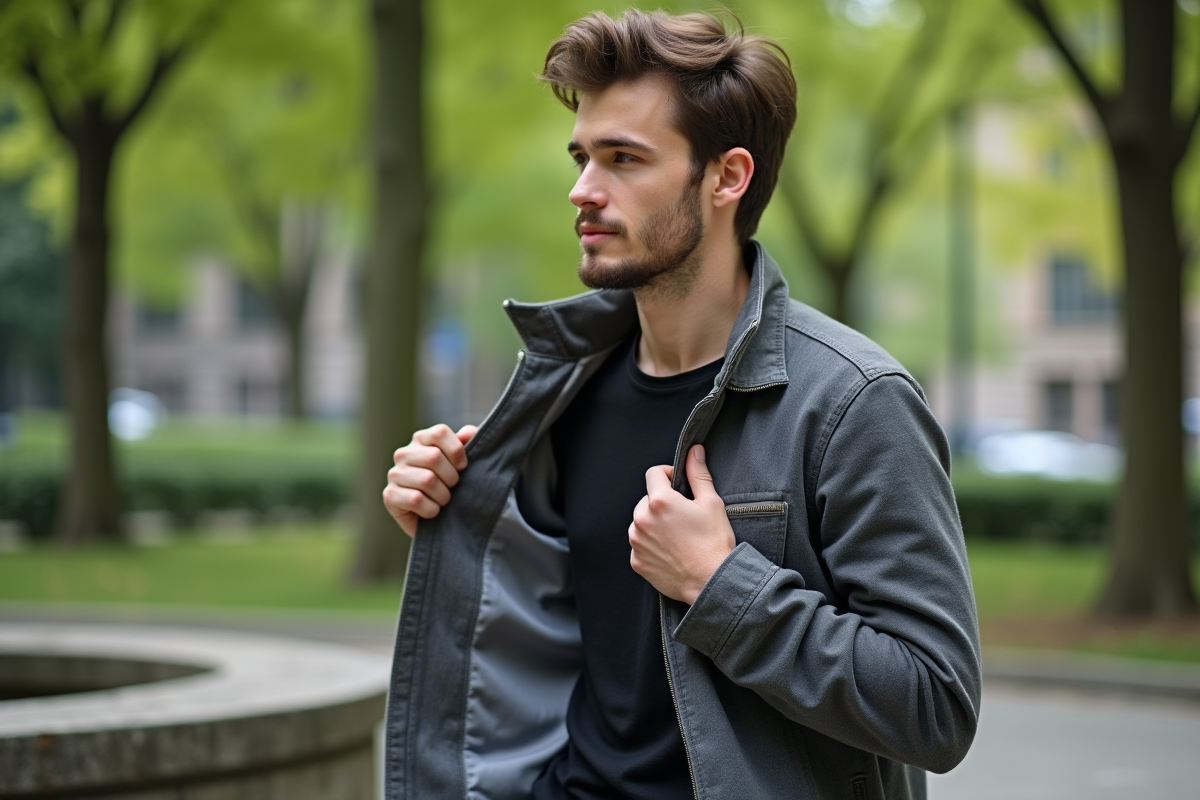 Jeune homme essayant une veste grise dans un parc urbain