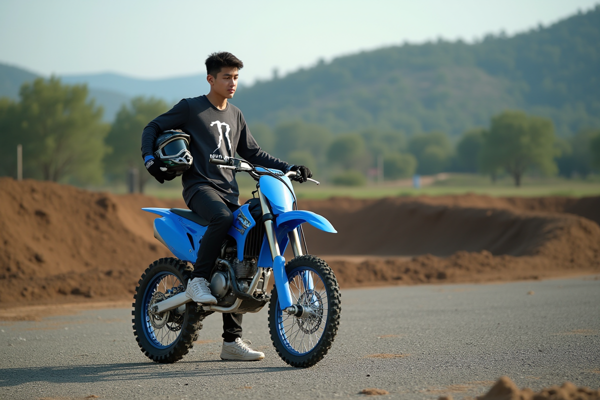 Jeune homme en motocross avec vélo bleu 125cc