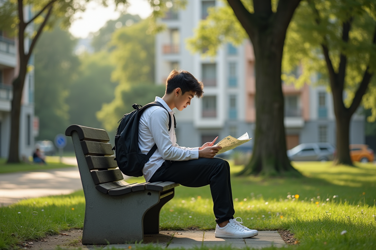 Jeune personne assise sur un banc dans un parc avec carte