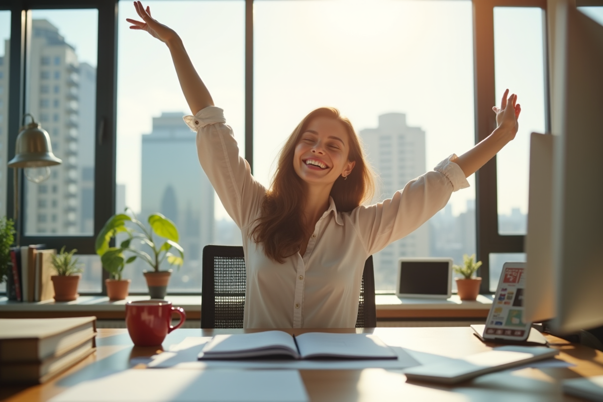 Jeune professionnel souriant et détendu à son bureau lumineux