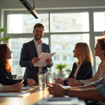 Jeune professionnel présentant un projet créatif en équipe
