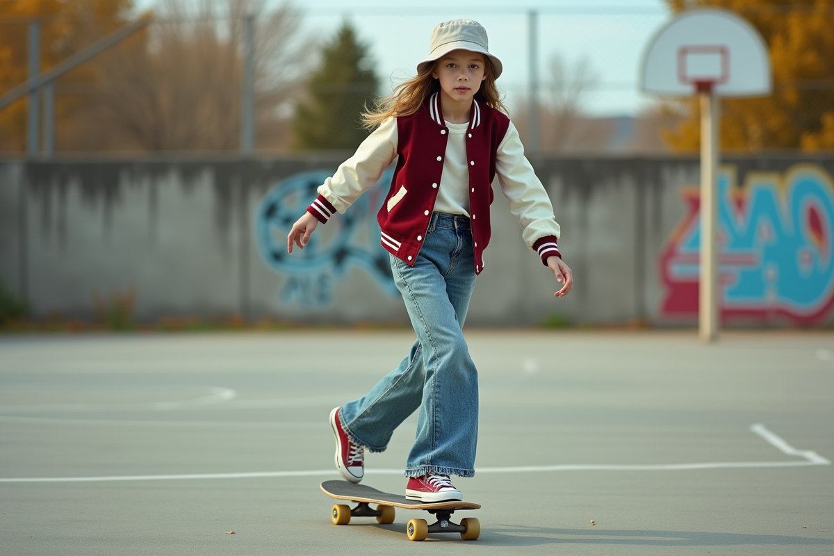 Jeune fille en skate dans un terrain de basket suburbain