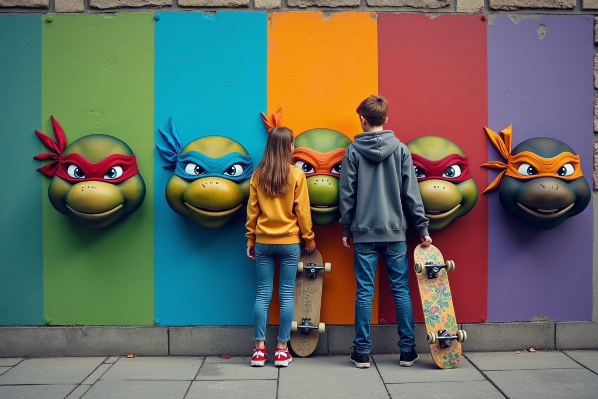 Adolescents devant mur graffite avec masques ninja turtle