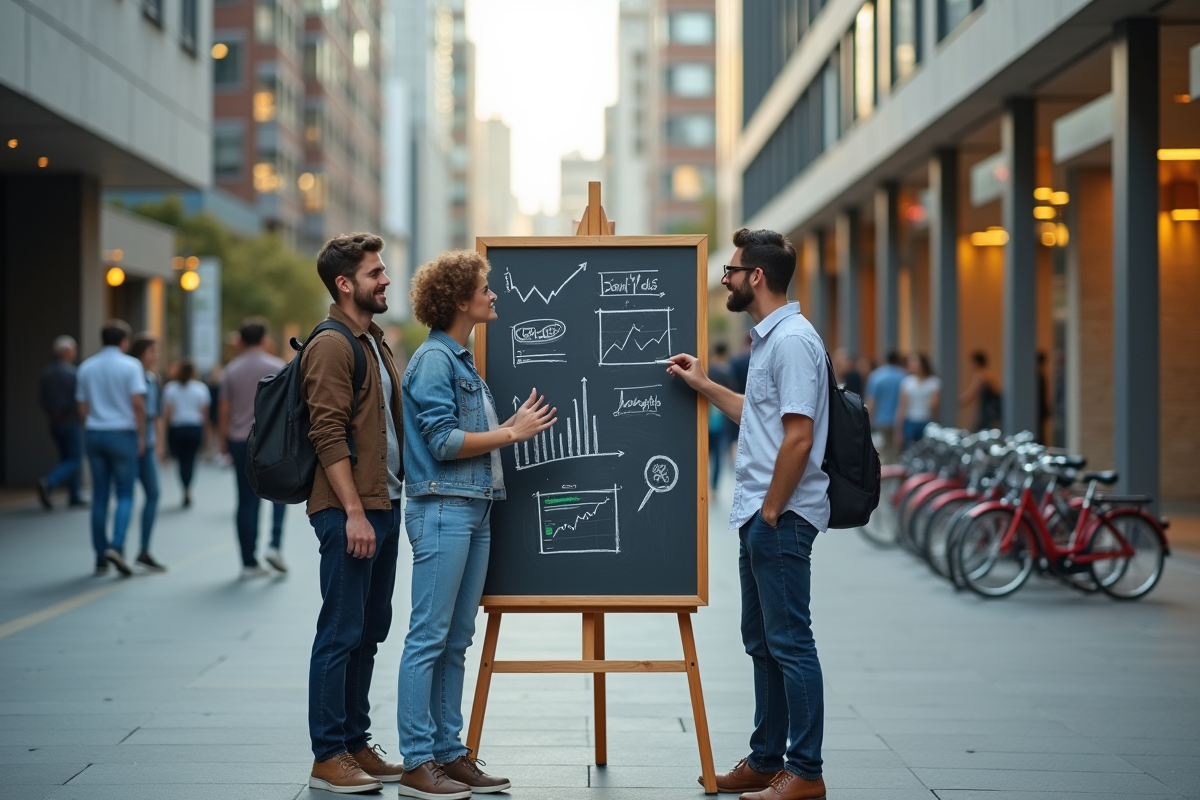 Groupe de jeunes discutant dans une place urbaine dynamique