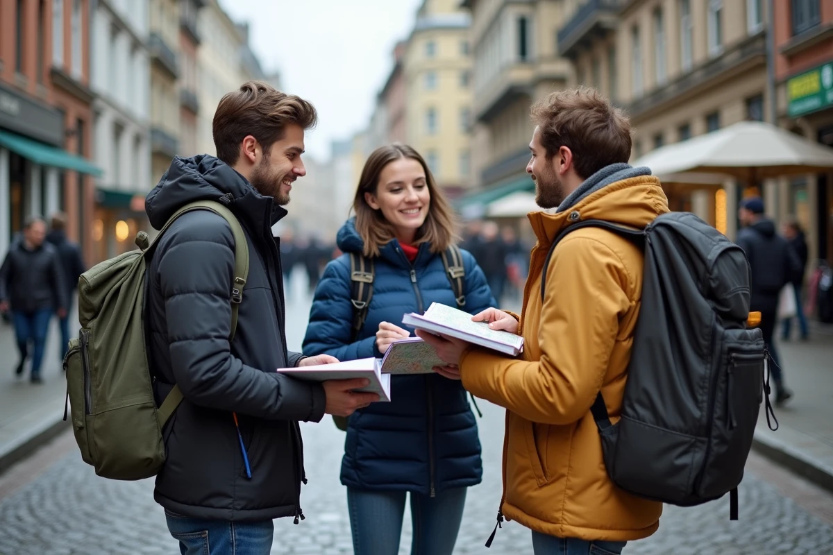 Groupe de jeunes volontaires discutant en ville avec carte