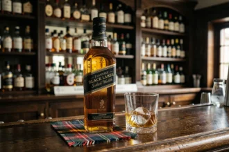 Bouteille de Johnnie Walker Black Label posée sur un comptoir de bar en acajou avec un verre en cristal rempli de whisky ambré et un glaçon sphérique