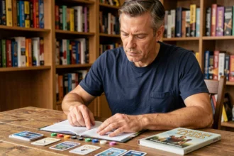 Joueur adulte étudiant les règles du jeu Captain Ludd avec cartes et jetons étalés sur une table en bois