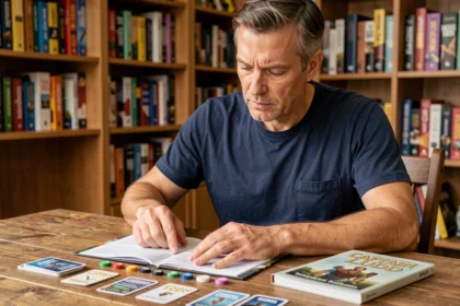 Joueur adulte étudiant les règles du jeu Captain Ludd avec cartes et jetons étalés sur une table en bois