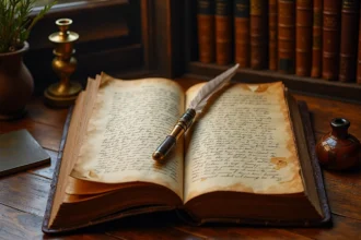 Journal philosophique ancien ouvert sur un bureau en chêne du XIXe siècle, évoquant l'univers intellectuel de Søren Kierkegaard