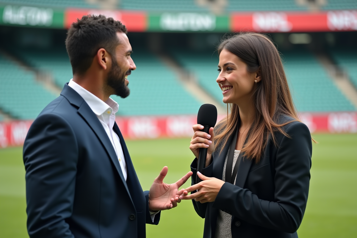 Journaliste sportive interviewant un joueur NRL sur le terrain