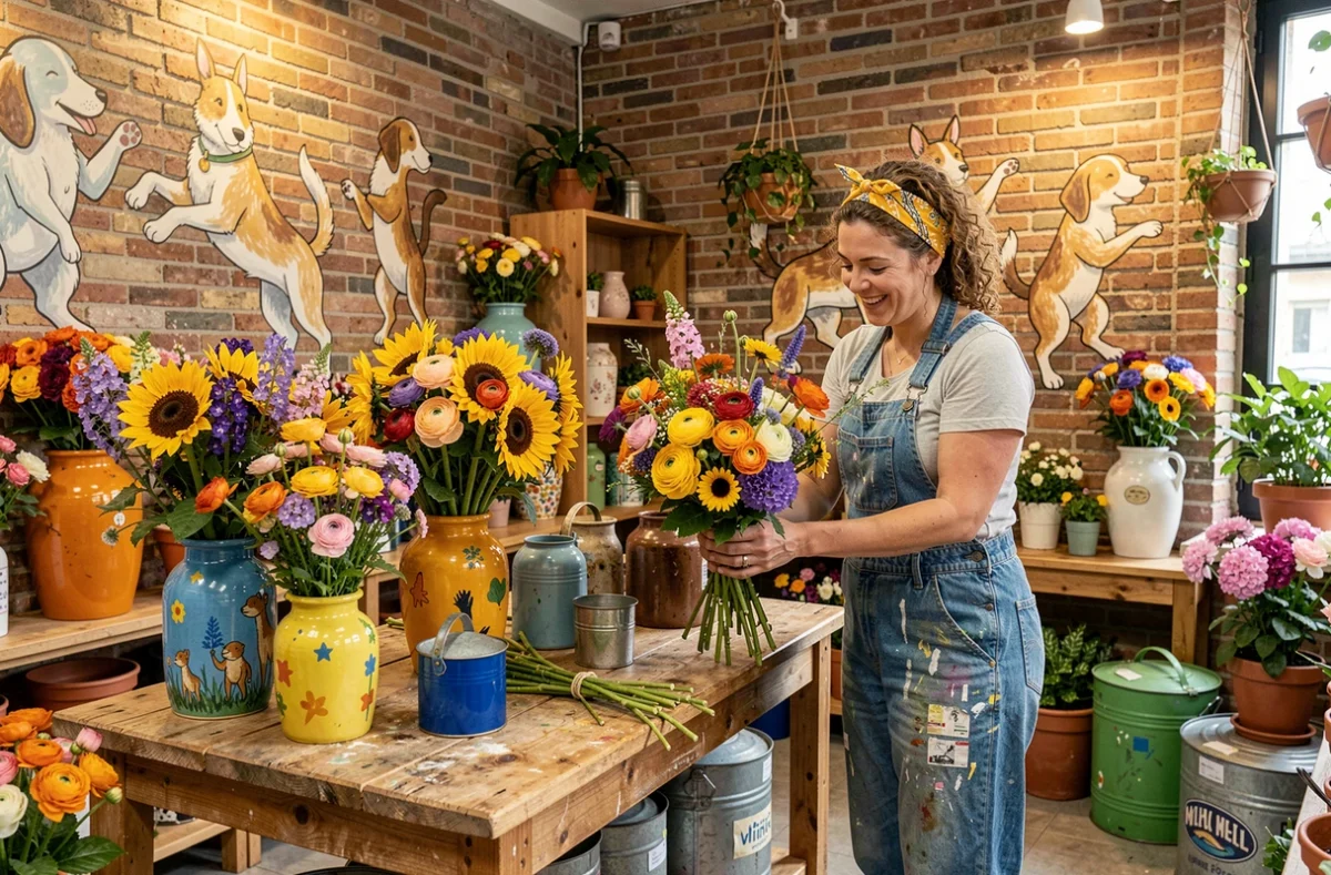 L'intérieur coloré et excentrique du fleuriste Le Chien Qui Danse avec des bouquets de fleurs sauvages et une fleuriste joyeuse en salopette à Montpellier