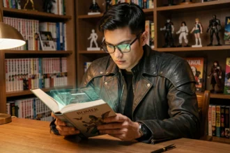 Jeune homme lisant un roman de fantasy avec système de progression héroïque dans une bibliothèque chaleureuse