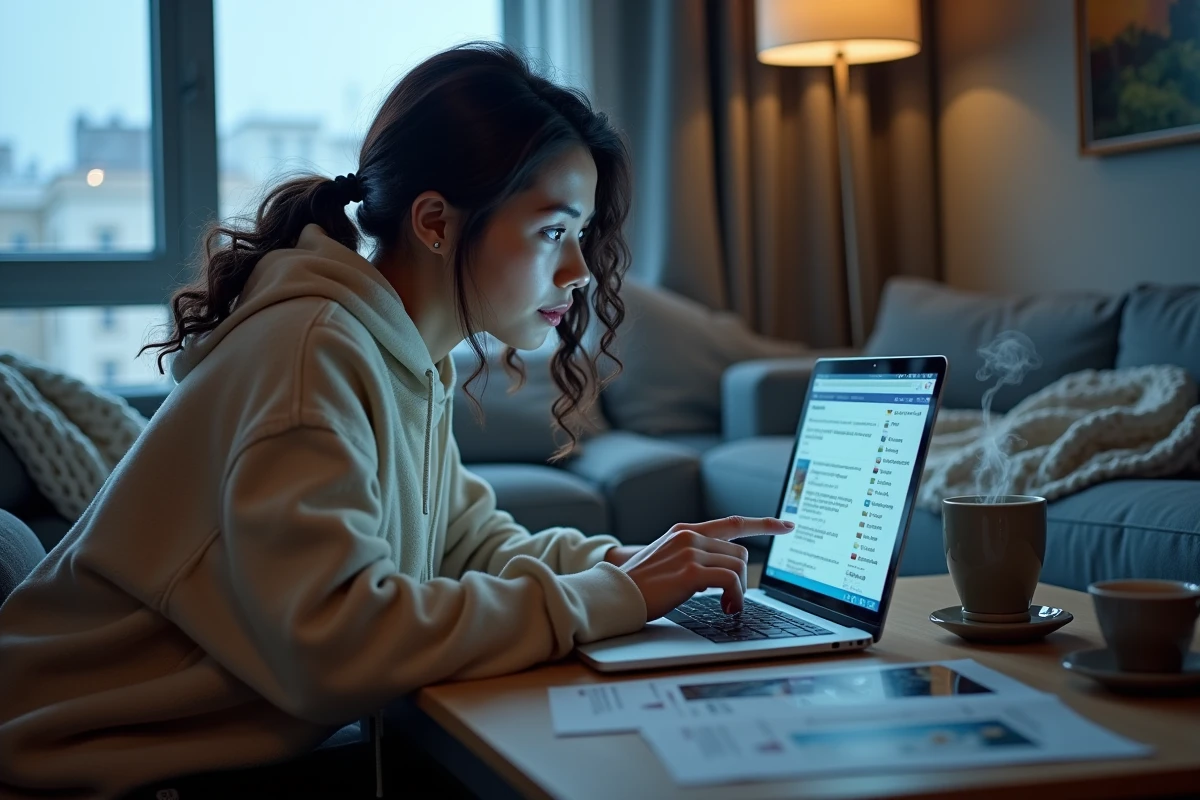 Femme découvrant un détail caché dans le scan One Piece 1138 sur son ordinateur portable dans un appartement moderne