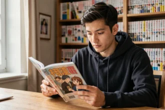 Jeune homme lisant un manga assis à un bureau en bois dans un bureau à domicile entouré de livres