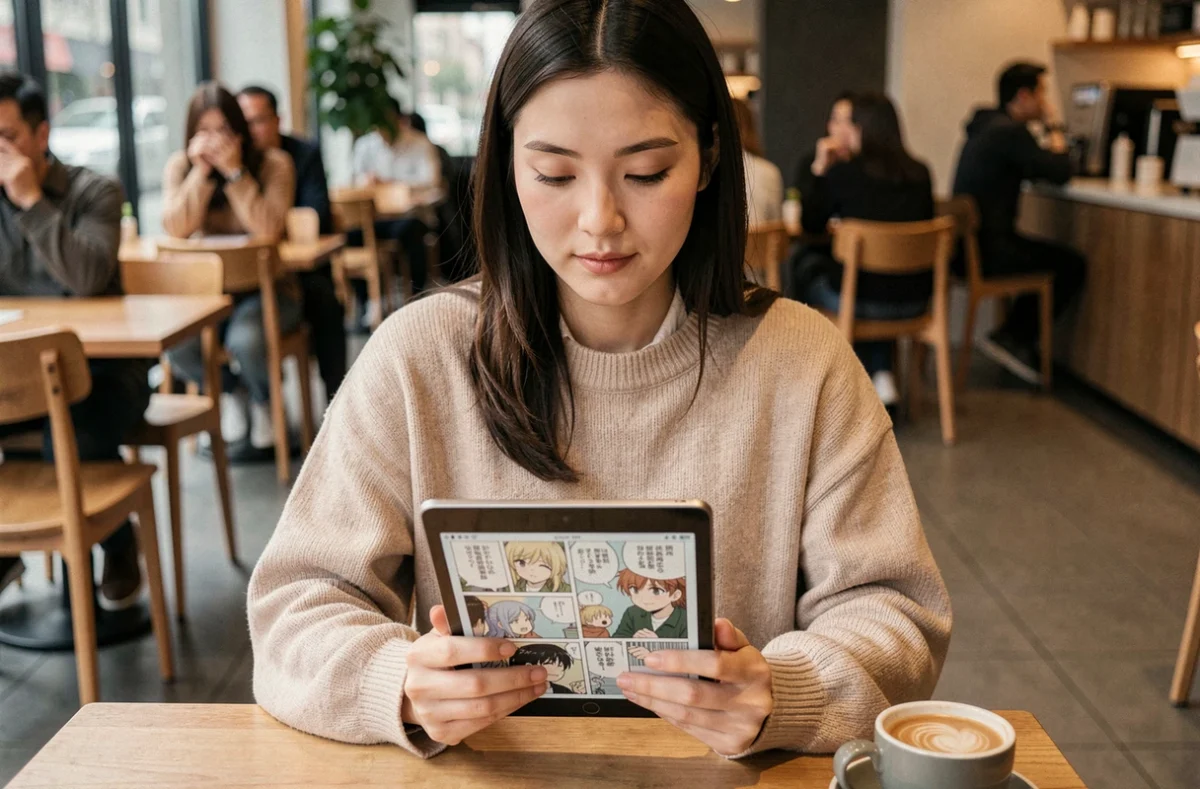 Jeune femme lisant un scan de manga sur une tablette dans un café moderne avec une tasse de café sur la table