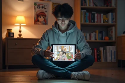 Jeune homme lisant un scan de manga sur tablette dans une chambre d'otaku avec des volumes de manga en arrière-plan