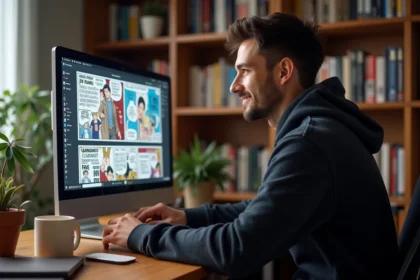 Jeune homme lisant des scans manga en VF sur un ordinateur dans un bureau cosy avec des étagères de mangas en arrière-plan