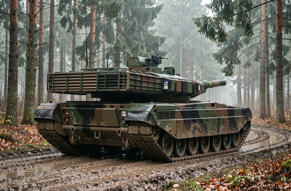 Char Leopard 2A7 en manœuvre sur une piste forestière boueuse en Europe centrale, camouflage trois tons OTAN et équipements de campagne