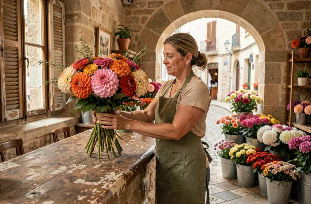 La fleuriste des Fleurs du Boutonnet composant un bouquet de dahlias et zinnias sur un comptoir en pierre dans cette boutique de quartier historique à Montpellier