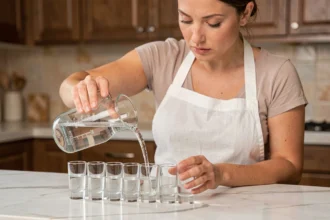 Femme versant un litre d'eau en millilitres dans des verres gradués sur un plan de travail en marbre blanc