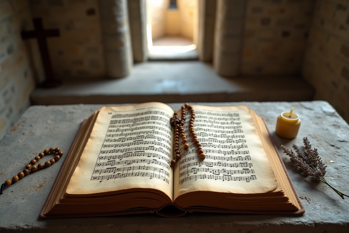 Livre de chant grégorien ancien avec neumes sur parchemin posé sur un autel de chapelle rustique
